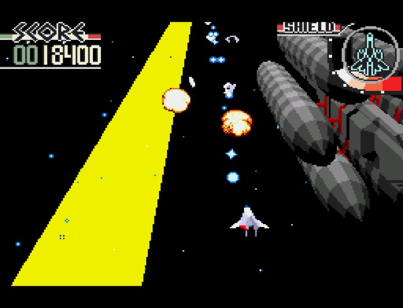 The Silpheed fighter over a streaming polygon landscape on Sega CD