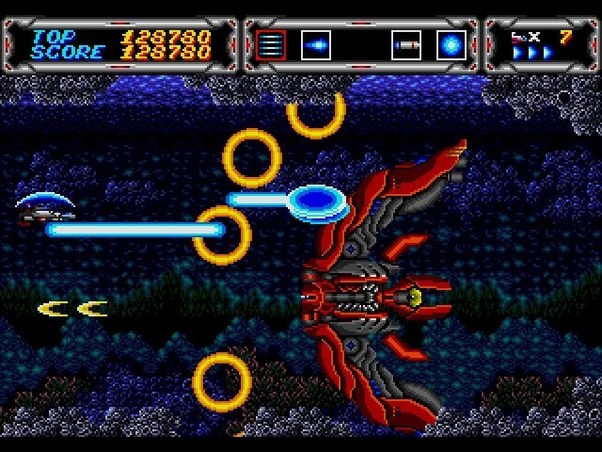 A large boss encounter in Silpheed on Sega CD