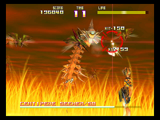 Sin and Punishment on Nintendo 64 — the hero duelling a giant centipede boss over a sea of flames