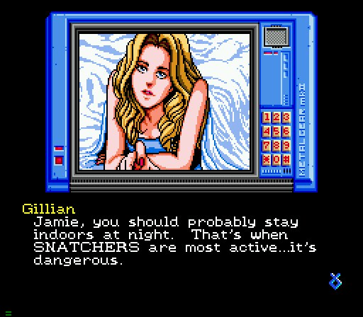 Gillian Seed talking with his navigator Metal Gear Mk II in Snatcher on Sega CD