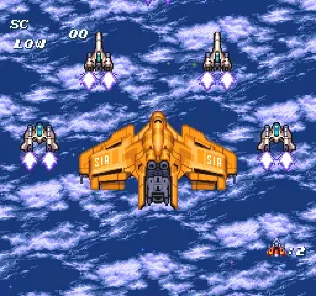 Soldier Blade gameplay above the clouds, the fighter engaging an enemy carrier group