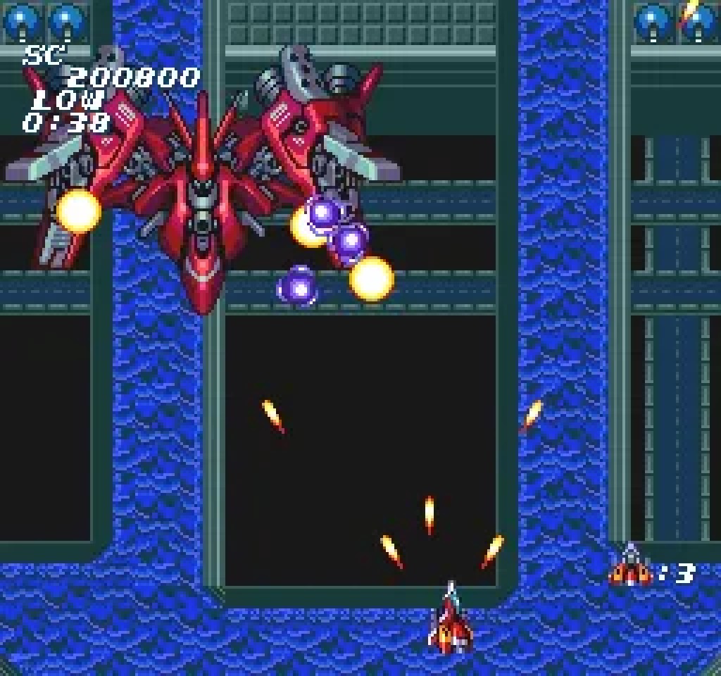 A Soldier Blade boss battle against a red war machine over an ocean base