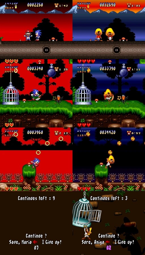Four-panel comparison of the Sonic SNES hack (left) against the original Speedy Gonzales game (right)
