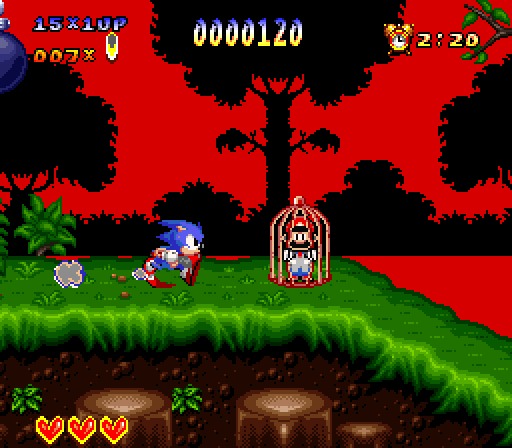 The Sonic SNES hack in play — Sonic beside a caged Mario in a forest level, red glitched sky, heart health meter