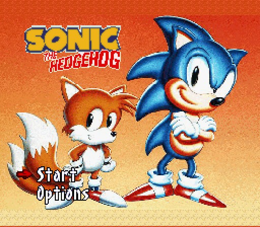 Title screen of the unlicensed Sonic the Hedgehog SNES hack — Genesis-era Sonic and Tails artwork with Start and Options