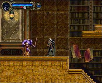 Alucard fighting enemies in the library in Castlevania Symphony of the Night