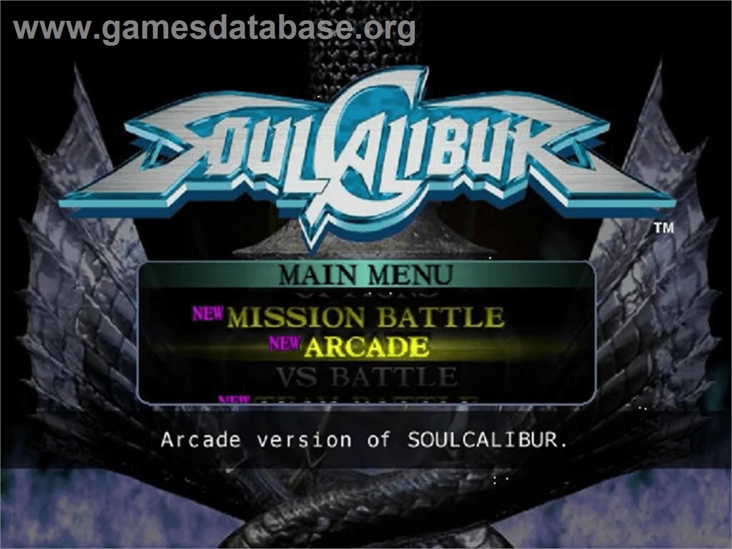 SoulCalibur main menu on Dreamcast showing Mission Battle and Arcade modes