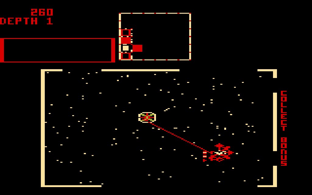 Another Space Dungeon room on the 5200 at depth 1, the player's pod trading fire with the room's defences