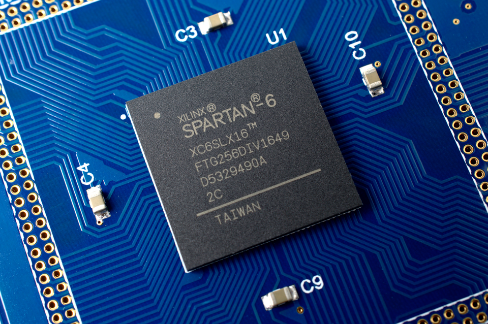 Close-up of the Xilinx Spartan-6 FPGA chip on the ZX Spectrum Next board