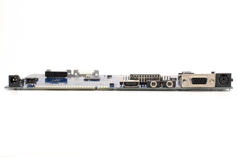 Side view of the ZX Spectrum Next board showing its power, HDMI, audio, VGA and PS/2 ports