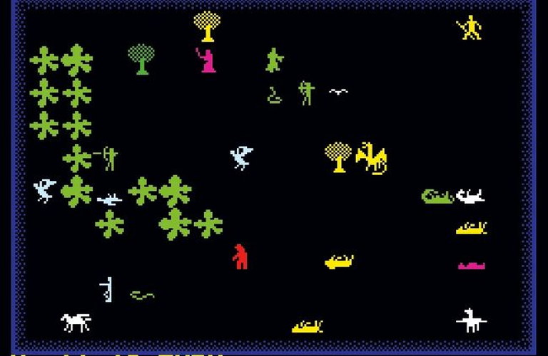 Chaos The Battle of Wizards gameplay on the ZX Spectrum, wizards and summoned creatures on the arena