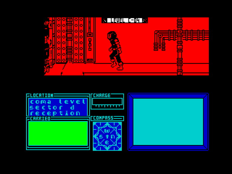 Marsport gameplay on the ZX Spectrum, exploring the Martian city corridors
