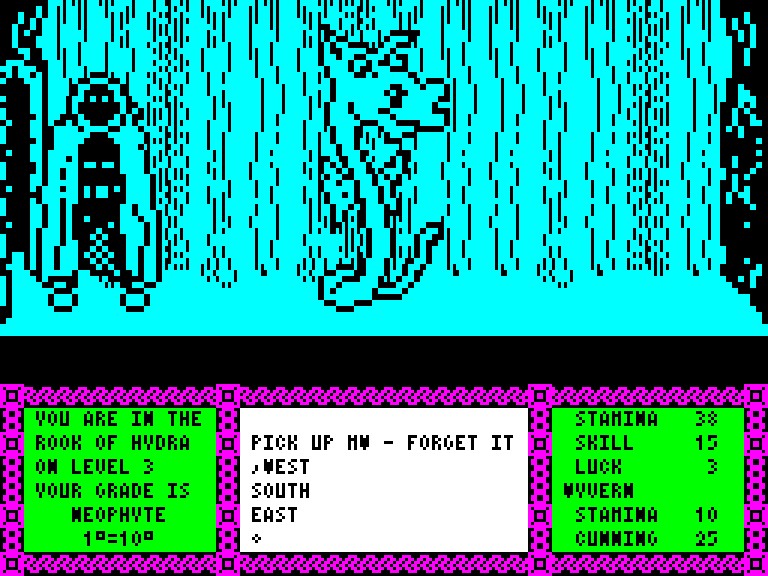 Heavy on the Magick gameplay on the ZX Spectrum, the apprentice wizard facing a dungeon creature