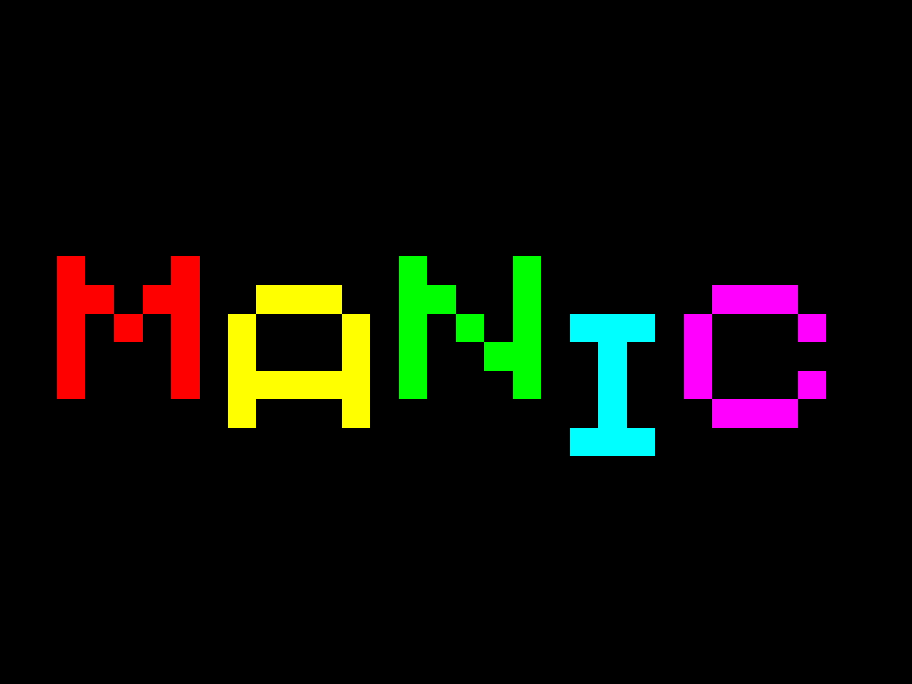 Manic Miner's loading screen on the ZX Spectrum, Miner Willy pictured above the mine entrance