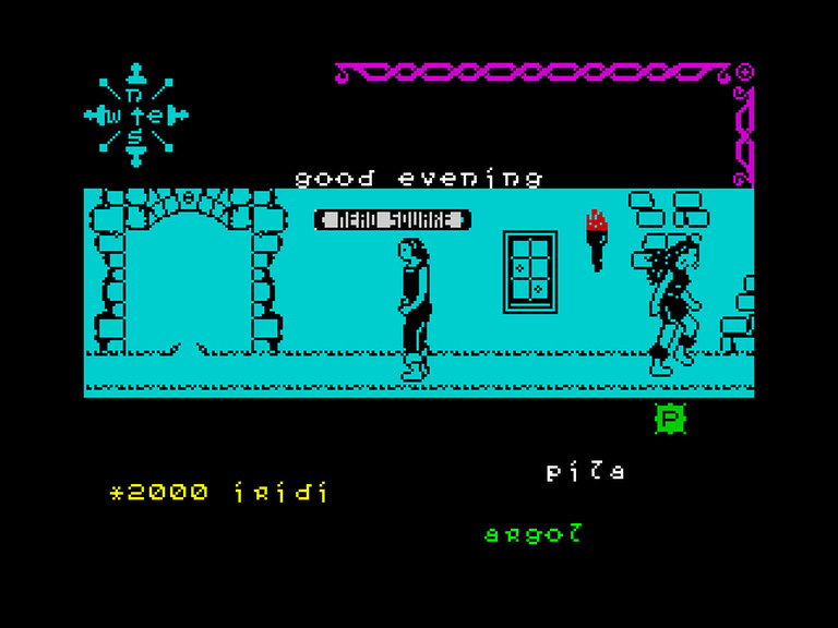 Dun Darach on the ZX Spectrum, a city street drawn within the same two-colours-per-cell SCREEN$ limits that shaped loading-screen art