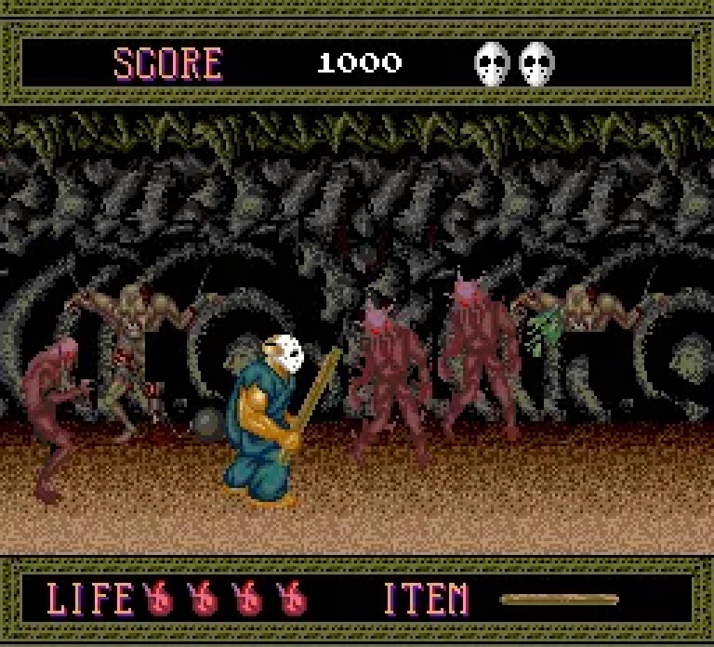 Rick wielding a weapon against a horde of mansion creatures in Splatterhouse