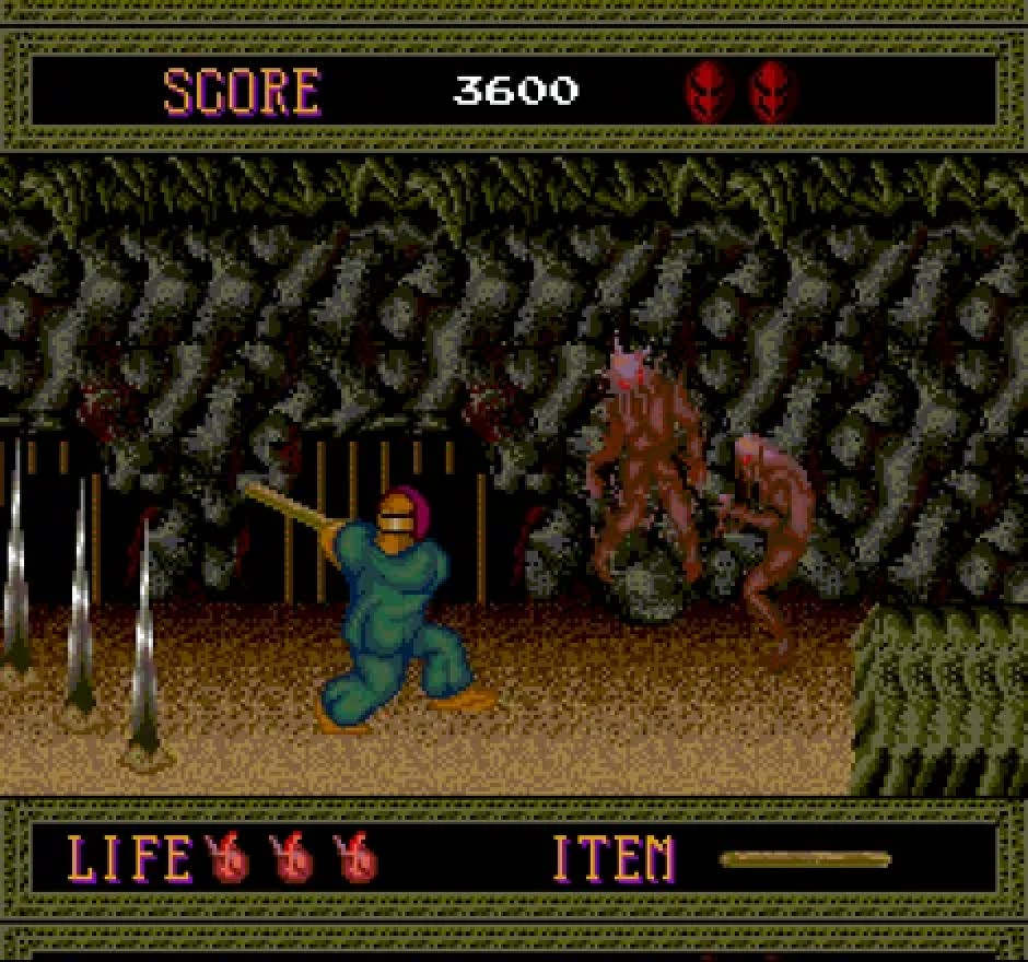 Rick fighting a large monster with a wooden plank in Splatterhouse on TurboGrafx-16