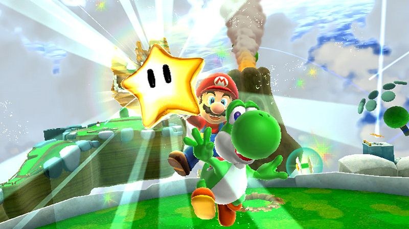 Mario and Yoshi celebrating a Power Star in Super Mario Galaxy 2 on Wii