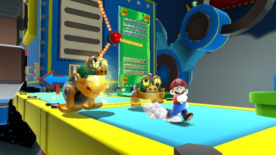Mario fleeing robotic enemies in a toy-like galaxy in Super Mario Galaxy on Wii
