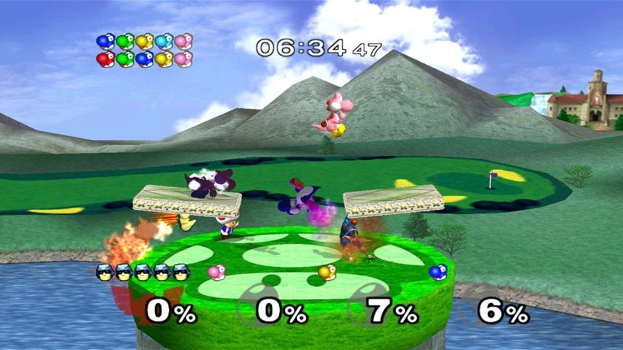 Four-player battle on a Nintendo stage in Super Smash Bros. Melee on GameCube