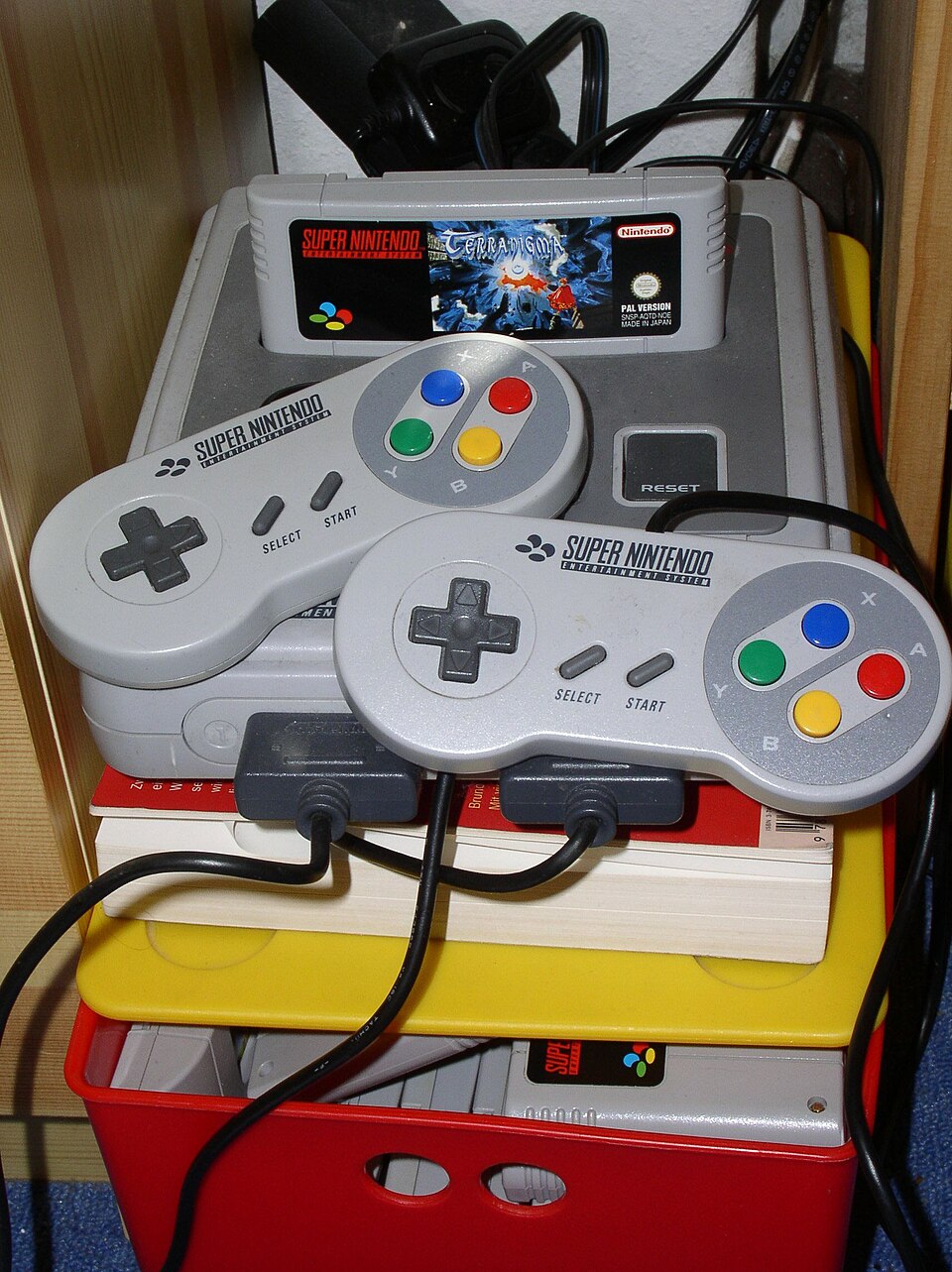 A PAL Terranigma cartridge in a Super Nintendo — the release North America never received