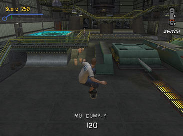 Tony Hawk's Pro Skater 3 gameplay screenshot in the Foundry level, the skater performing a No Comply
