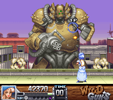 Wild Guns gameplay — a gunslinger shooting robots in a Wild West saloon town