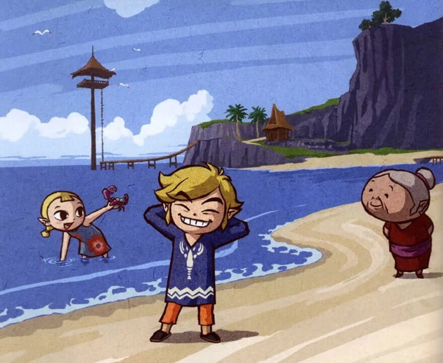 Official storybook artwork of Link, his sister Aryll and their grandmother on Outset Island in The Wind Waker