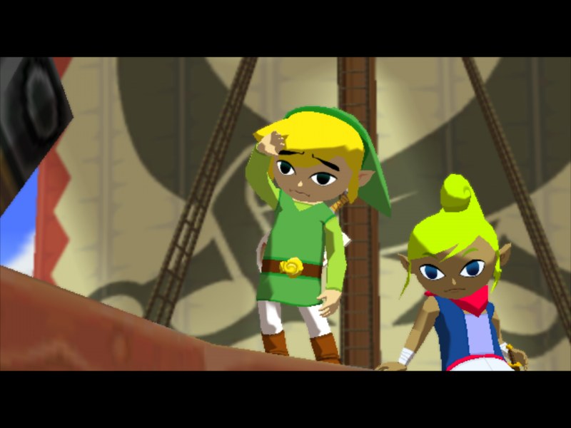 Link shielding his eyes beside Tetra aboard the pirate ship in the GameCube version of The Wind Waker