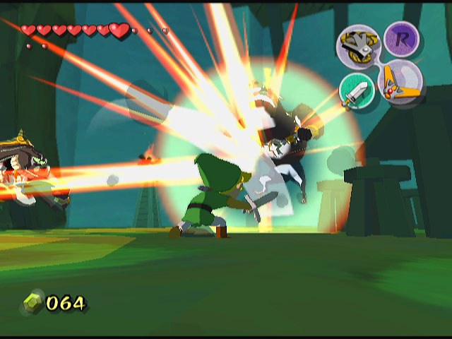Link clashing swords with a phantom foe in The Wind Waker on GameCube, GameCube HUD visible
