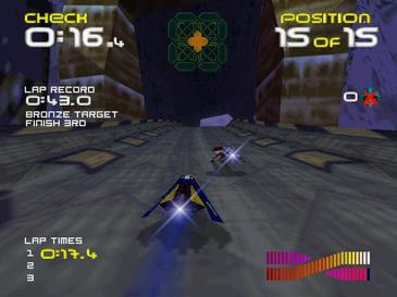 Wipeout 64 on Nintendo 64 — anti-gravity racing with the race HUD on a futuristic track
