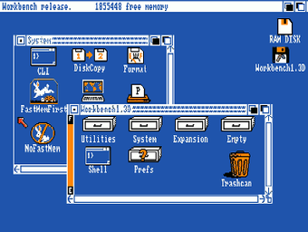 The Amiga Workbench 1.3 desktop — blue screen with disk and drawer icons