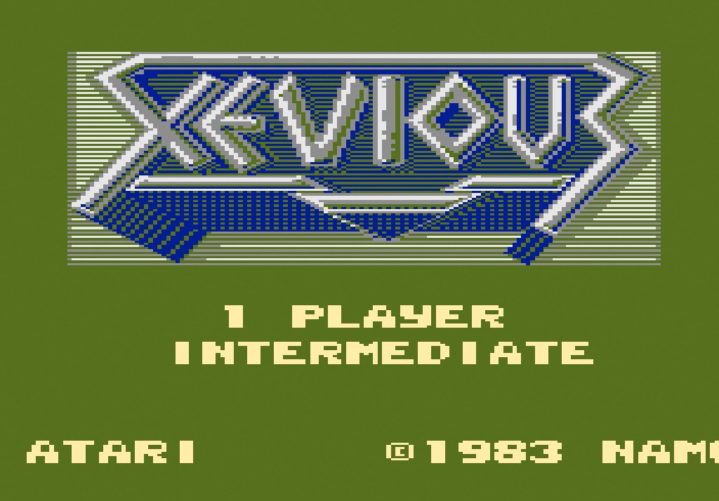 Xevious title screen on the Atari 7800: 1 Player Intermediate, Atari and 1983 Namco credits