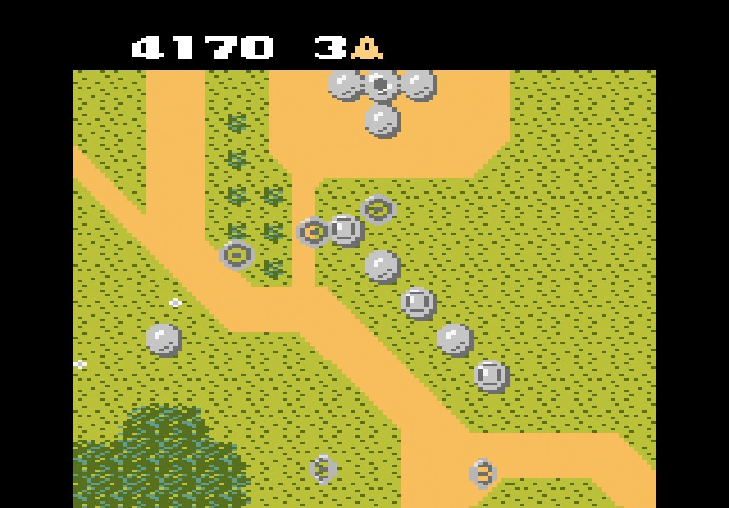Ground war in Xevious on the Atari 7800: the Solvalou over roads and dome batteries