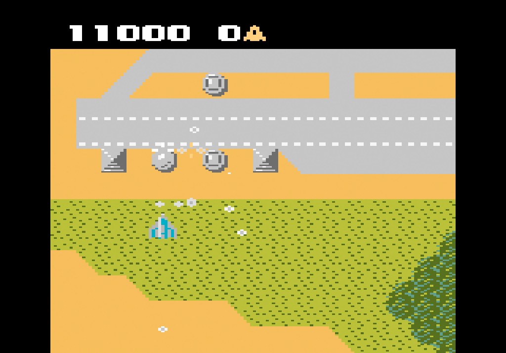 The airfield in Xevious on the Atari 7800: runways, hangars and ground batteries under the Solvalou